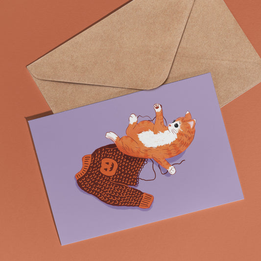 Carte de souhait - Chat et chandail citrouille