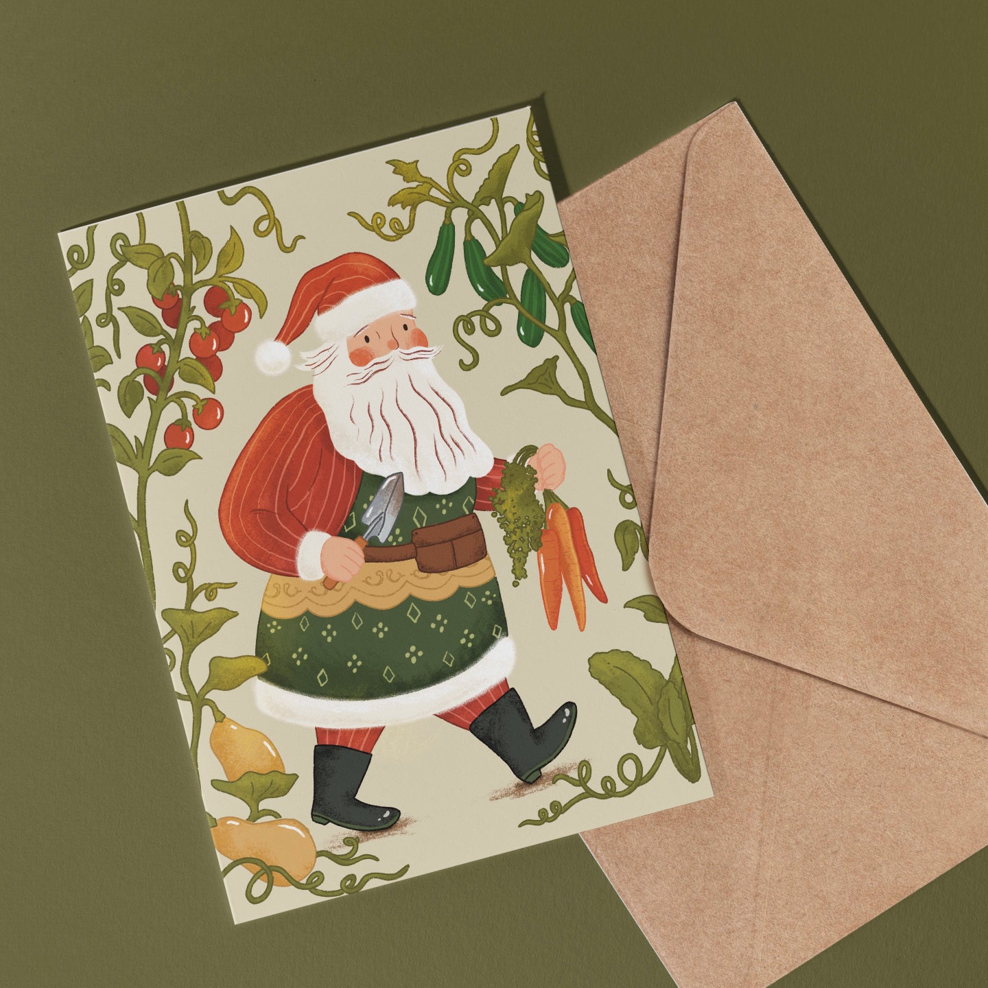 Carte de Noël - Père Noël jardine