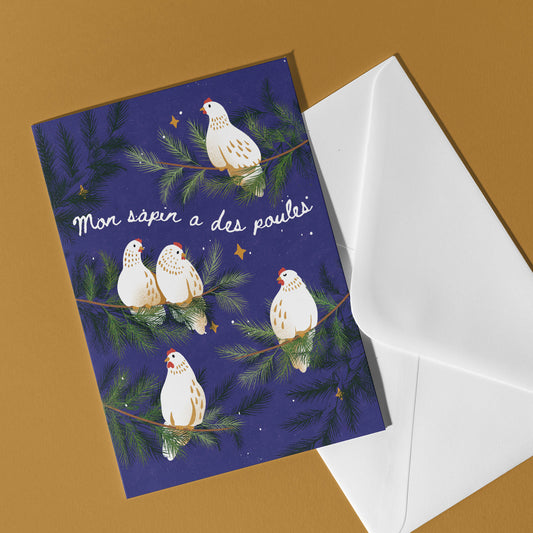 Carte de Noël - Mon sapin a des poules